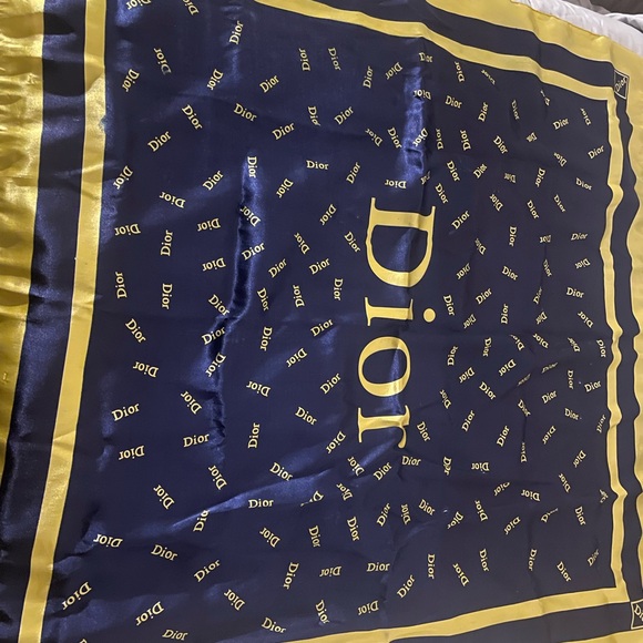 Dior large vintage navy blue and gold silk scarf - Picture 2 of 2